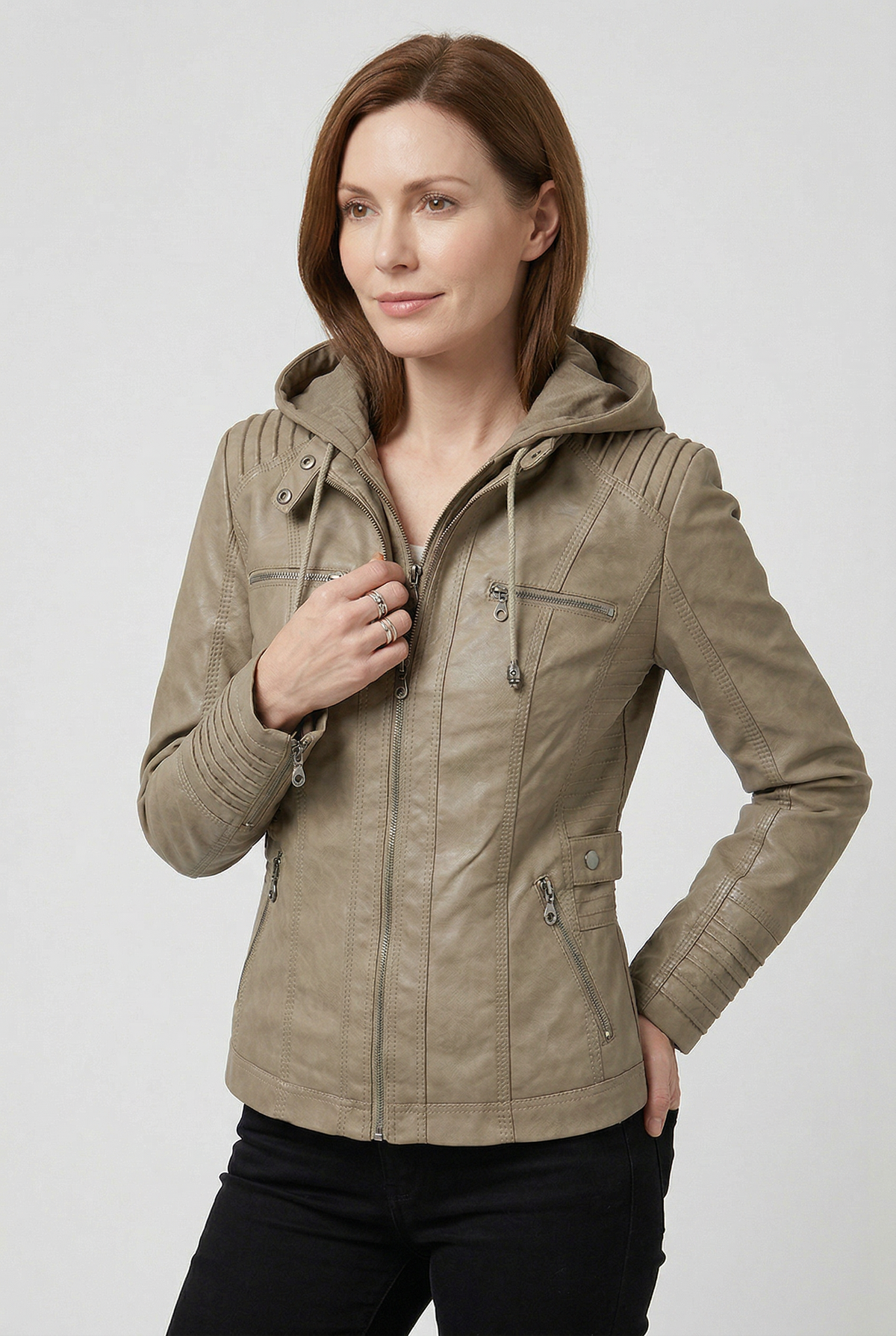 Veste Femme | Aspect Cuir Zip Deux Sens Capuche Poches Poitrine - 13