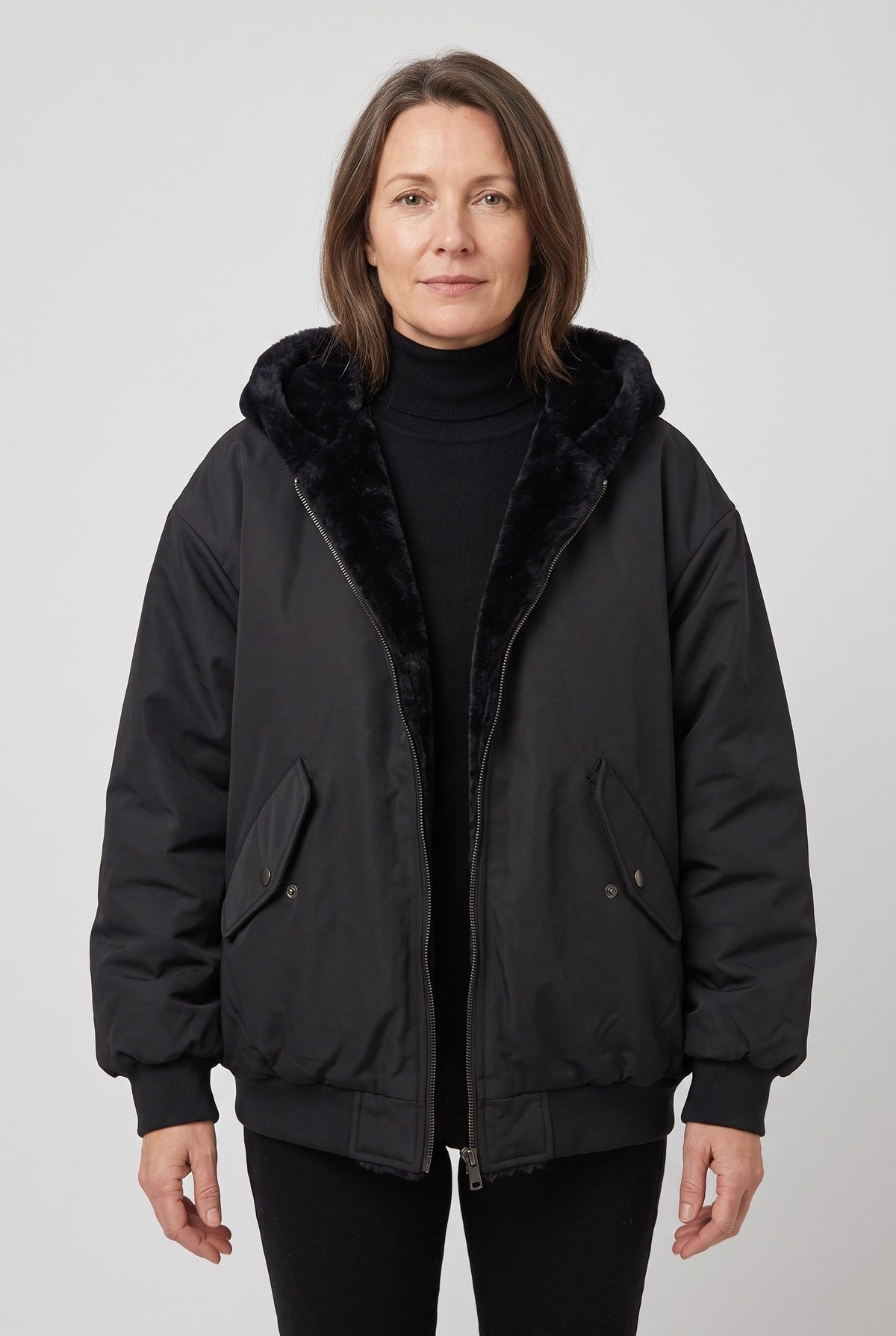 Veste Femme | Bomber Zip Deux Sens Capuche Fausse Fourrure - 1