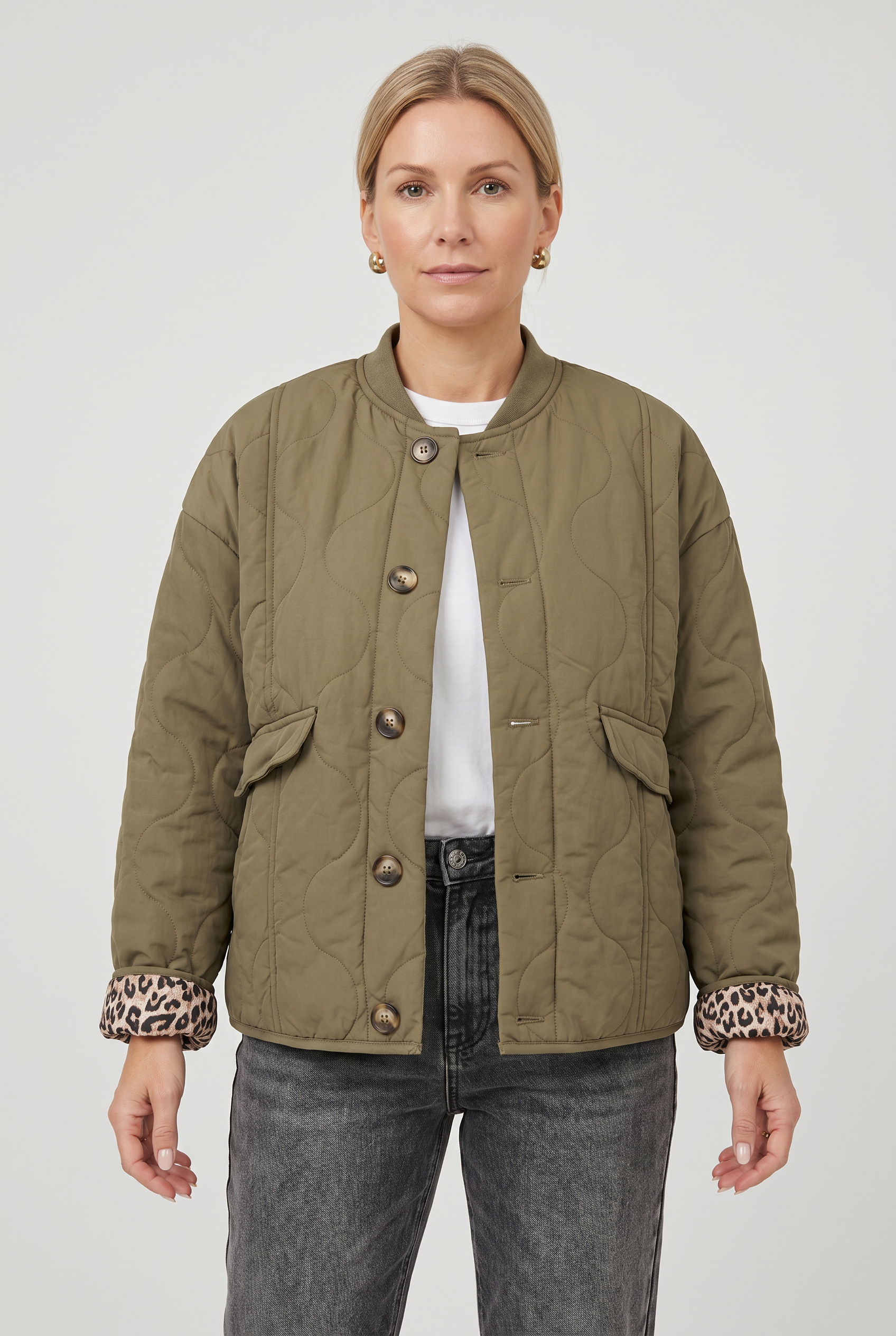 Veste Femme | Matelassée Boutonnée Doublure Léopard - 1