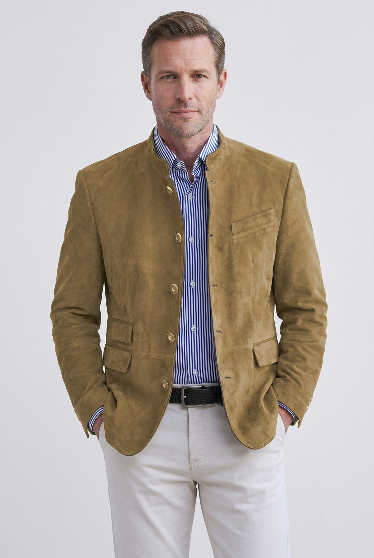 Veste Homme | Boutonnée Col Montant Aspect Daim Poches à Rabat - 1