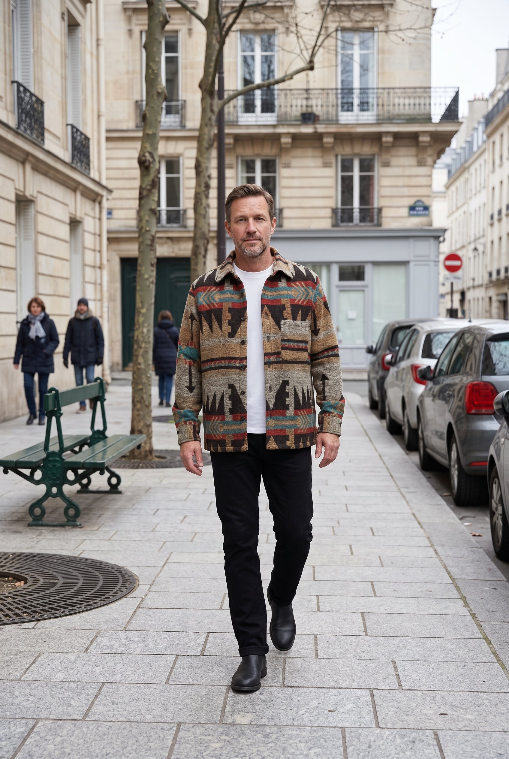 Veste Homme | Boutonnée Motif Aztèque Col Chemise Poches Poitrine - Marron clair