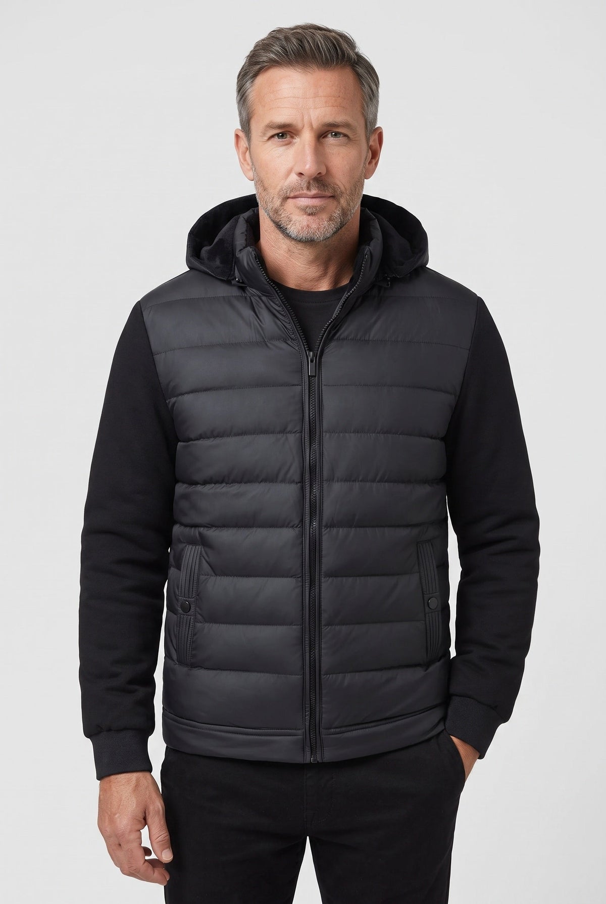 Veste Homme | Matelassée Zippée Capuche Amovible Manches en Maille - 1