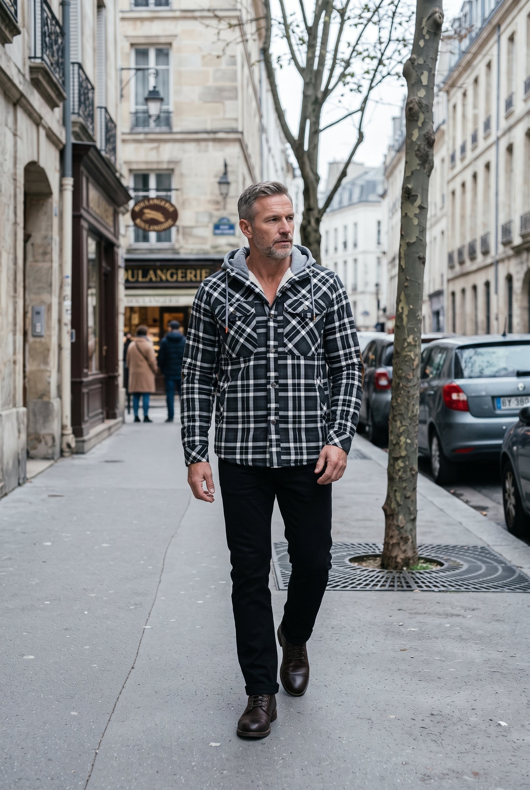 Veste Homme | Sherpa Boutonnée Capuche Contrastée Coudières - Gris foncé