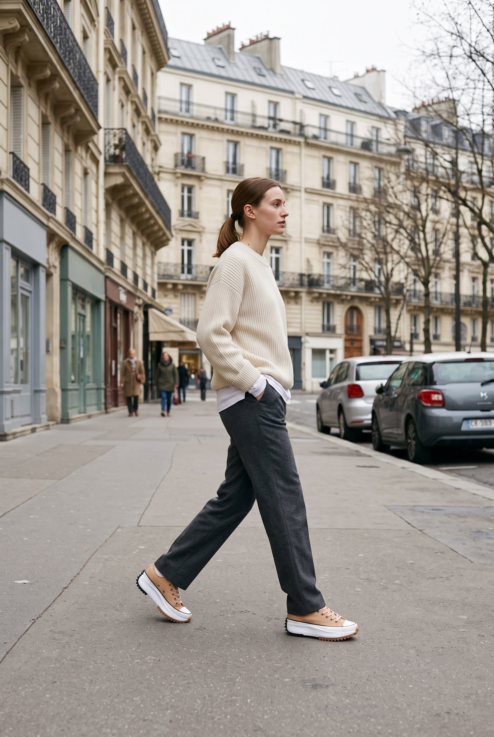 Baskets Femme | À Lacets Semelle Plateforme Crantée Bout Contrasté - Beige grès