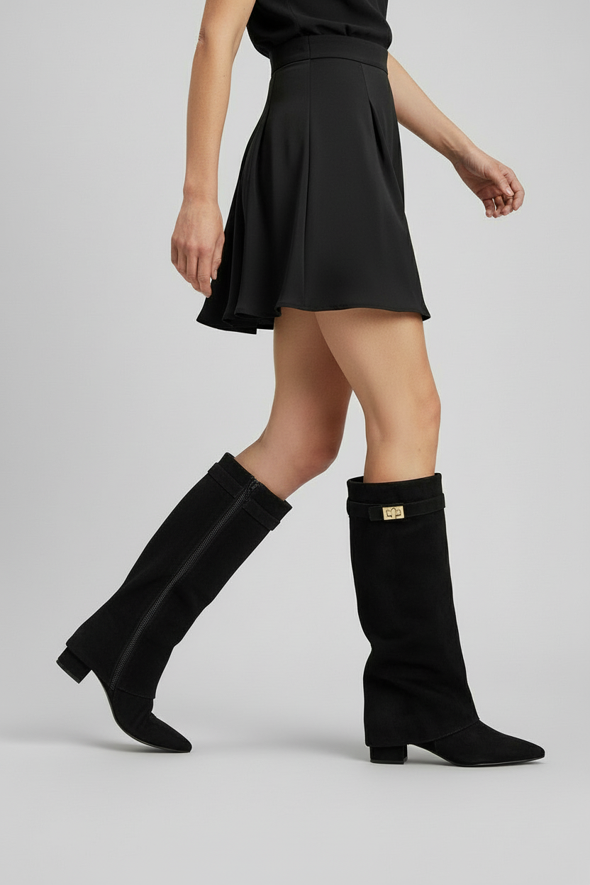 Bottes Femme | Hautes Zippées Revers Talon Bloc Bout Pointu - 2