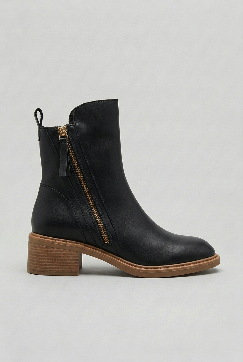 Bottines Femme | Double Zip Latéral Talon Bloc Bout Rond - 1