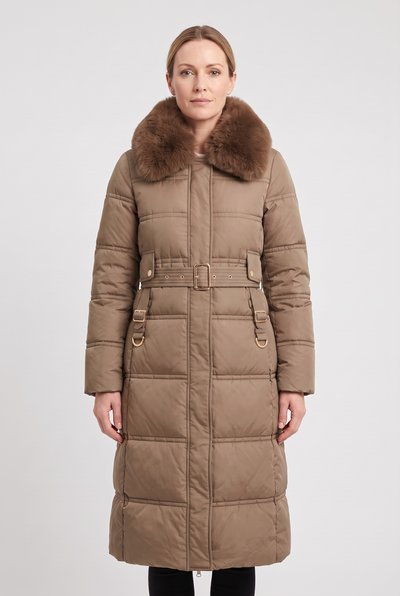 Doudoune Femme | Longue Ceinturée Zippée Col Fausse Fourrure - 1