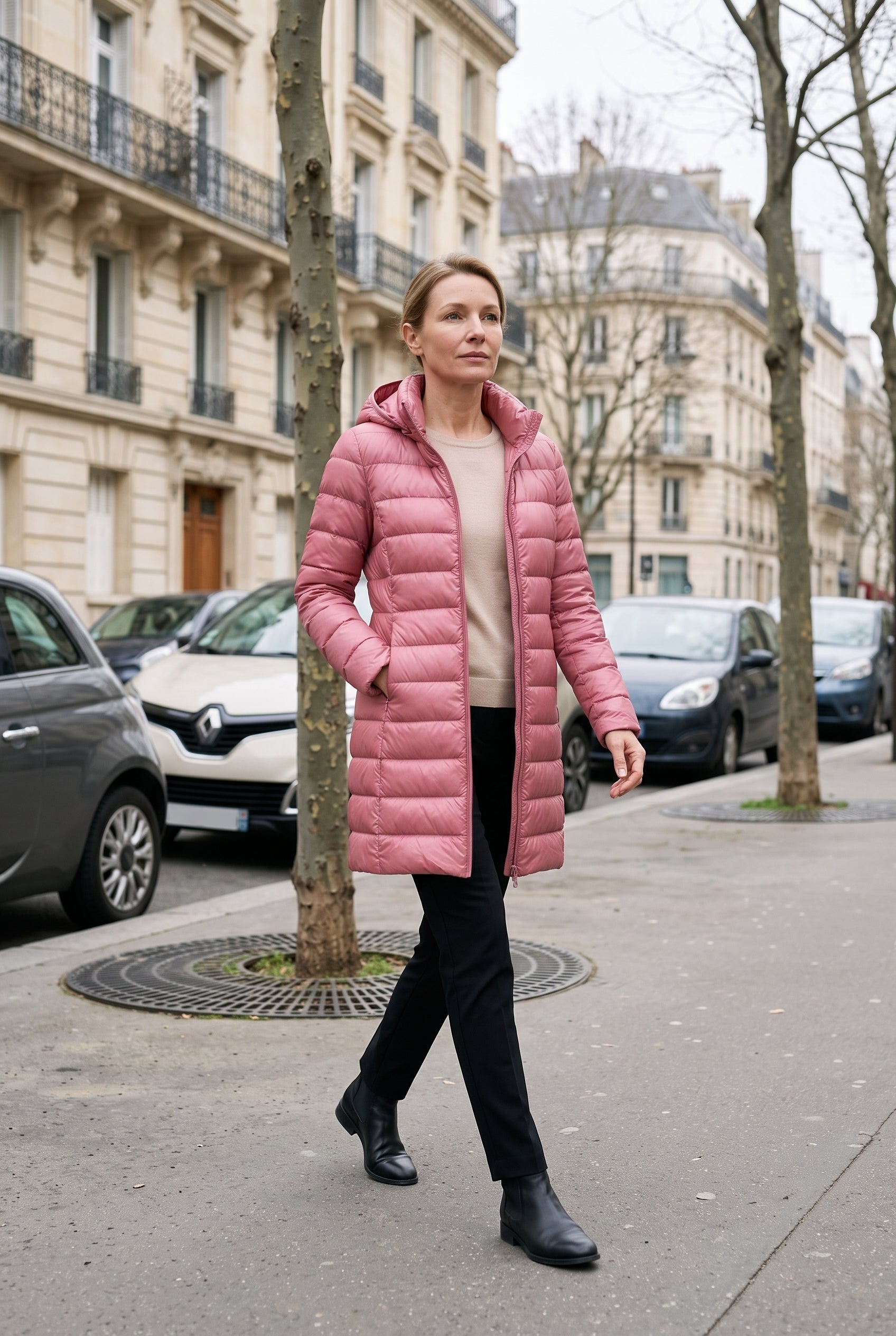 Doudoune Femme | Zip Intégral Coupe Longue Capuche Fixe - Rose