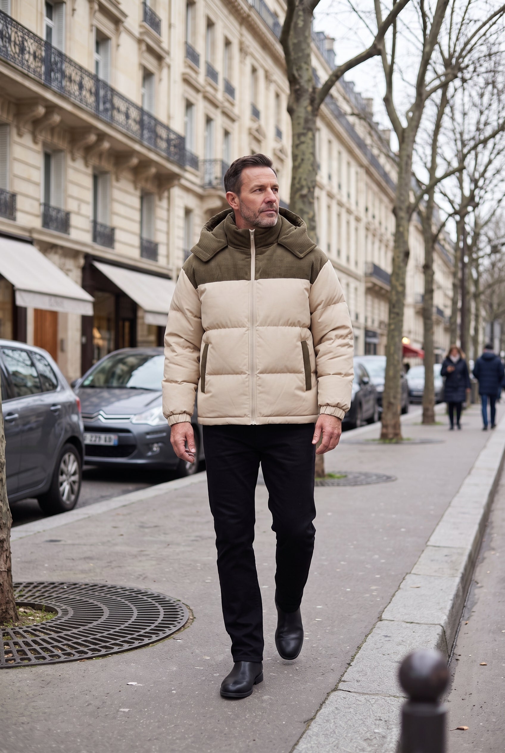 Doudoune Homme | Zip Intégral Capuche Empiècement Bicolore - Kaki
