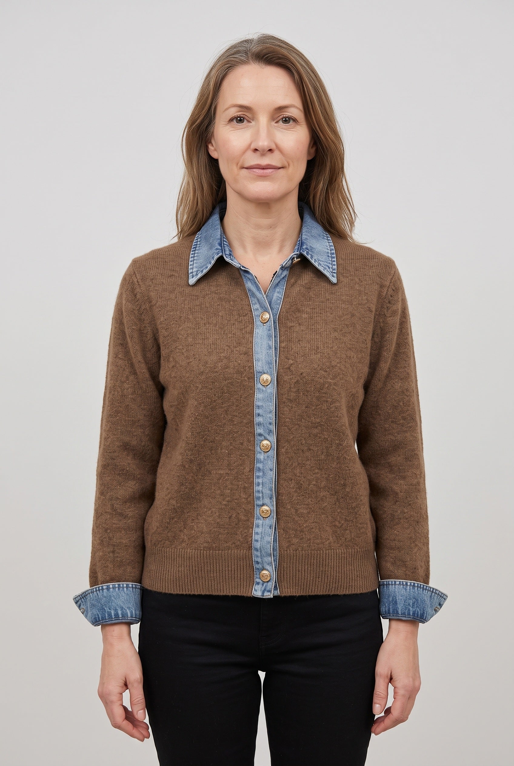 Gilet Femme | Boutonné Col Aspect Jean Poignets Contrastés - 1