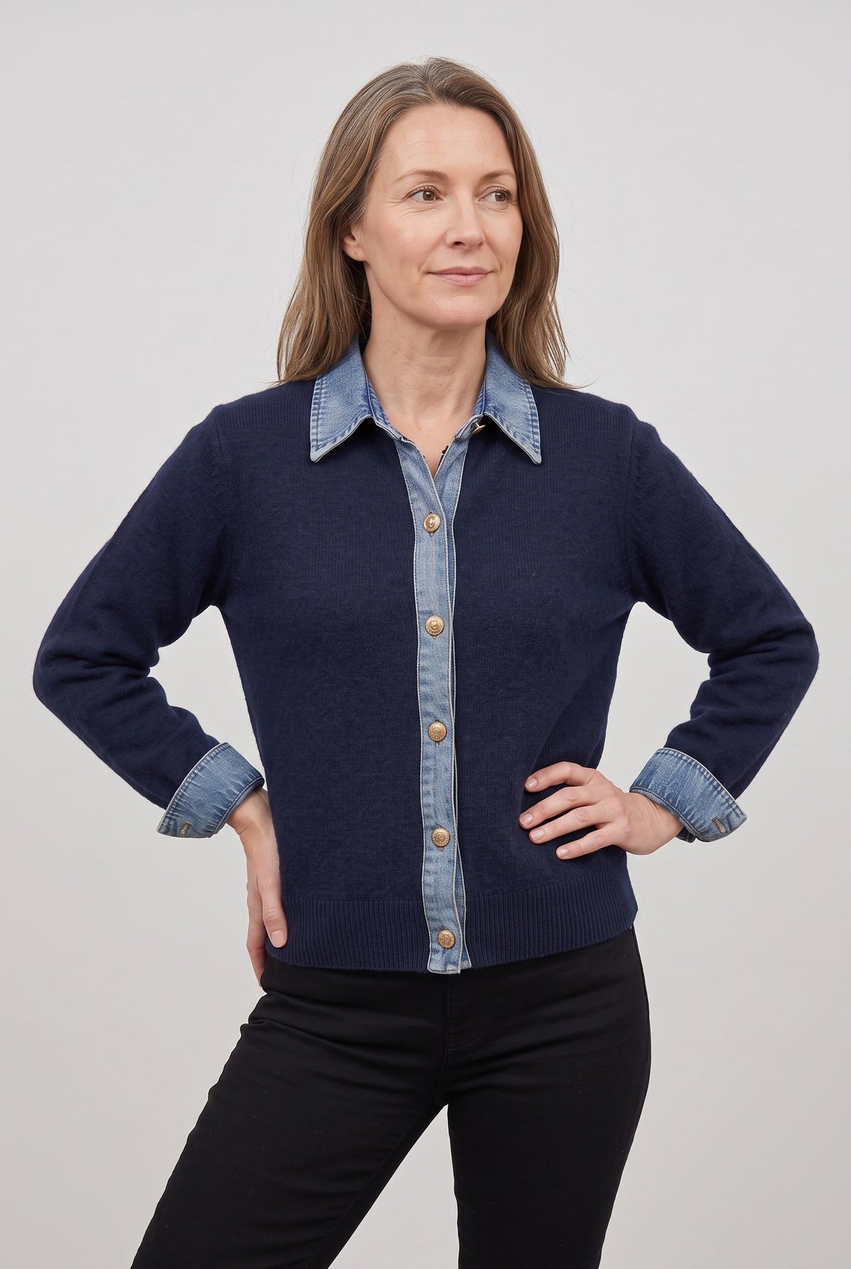 Gilet Femme | Boutonné Col Aspect Jean Poignets Contrastés - 4