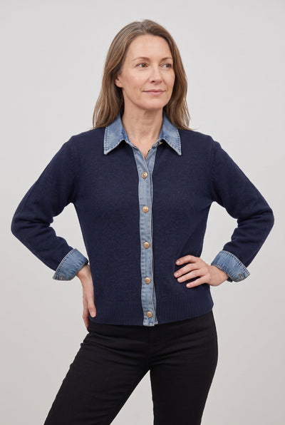 Gilet Femme | Boutonné Col Aspect Jean Poignets Contrastés - 4