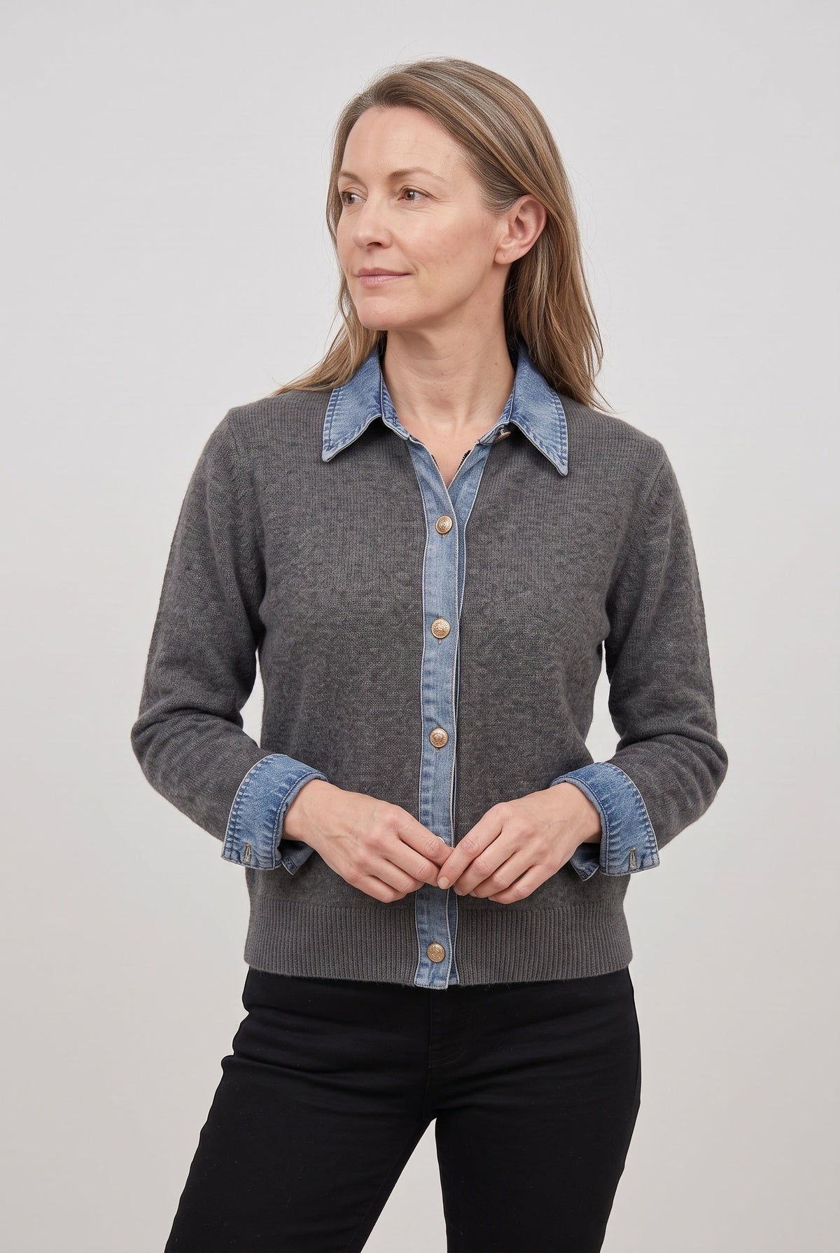 Gilet Femme | Boutonné Col Aspect Jean Poignets Contrastés - 5
