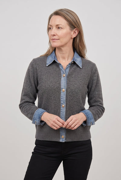 Gilet Femme | Boutonné Col Aspect Jean Poignets Contrastés - 5