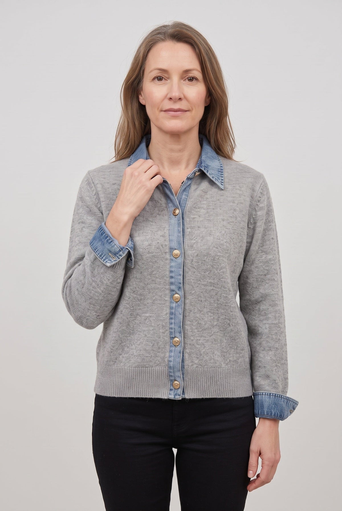 Gilet Femme | Boutonné Col Aspect Jean Poignets Contrastés - 6