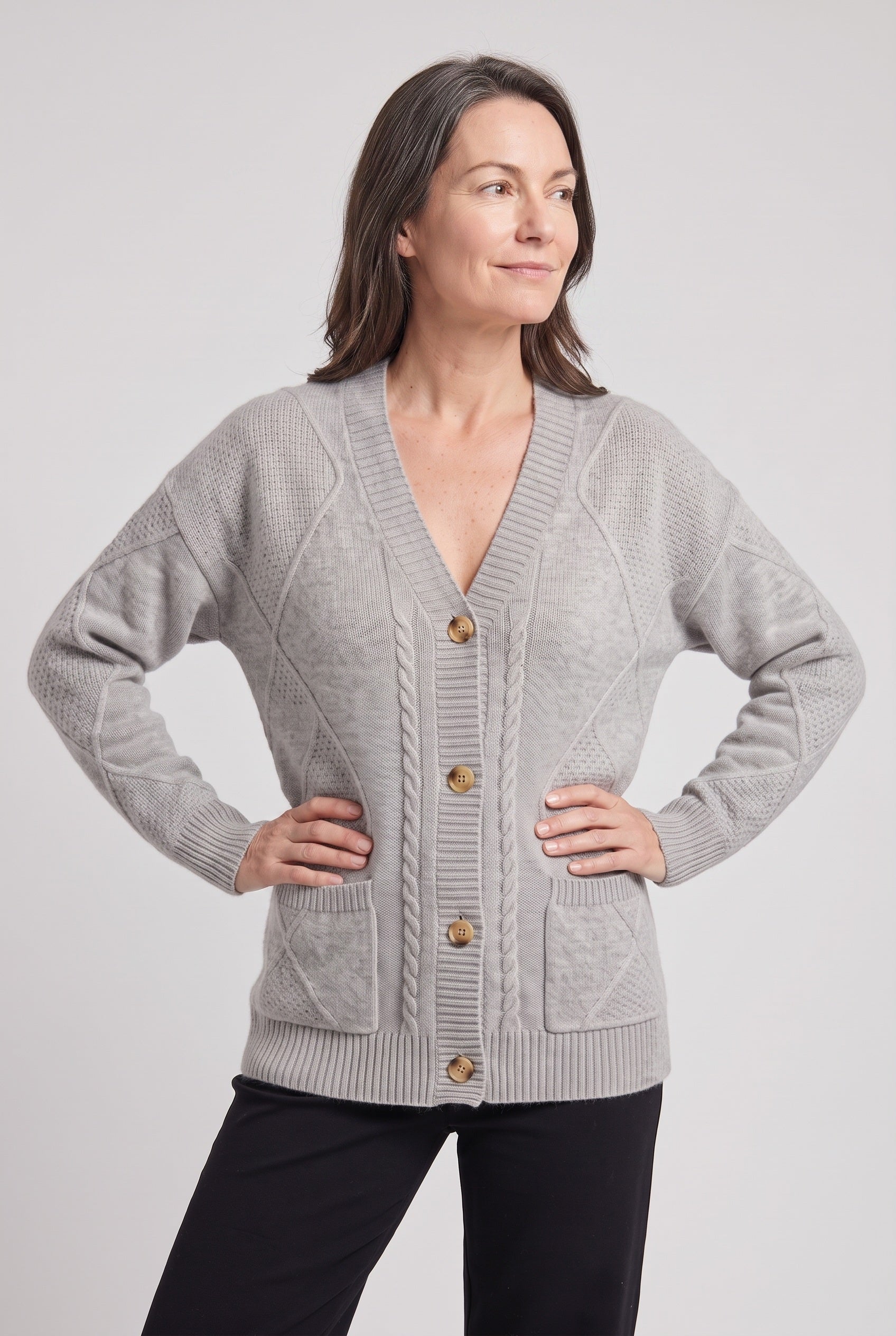 Gilet Femme | Boutonné Col V Torsades Poches Plaquées - 5