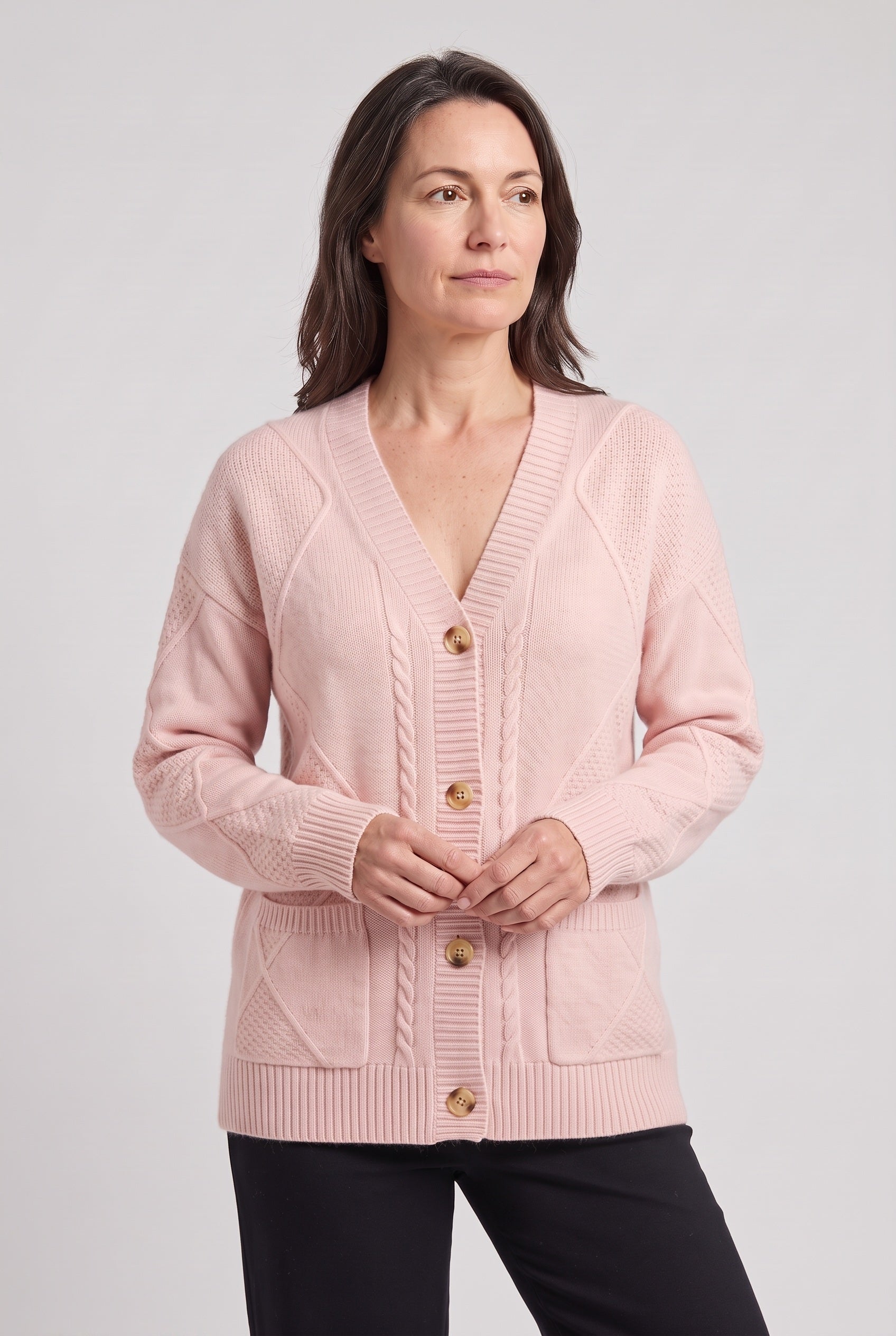 Gilet Femme | Boutonné Col V Torsades Poches Plaquées - 7