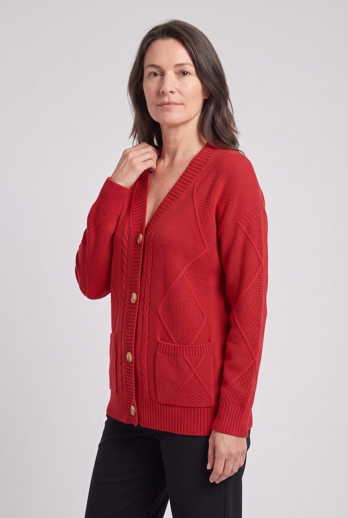 Gilet Femme | Boutonné Col V Torsades Poches Plaquées - 8
