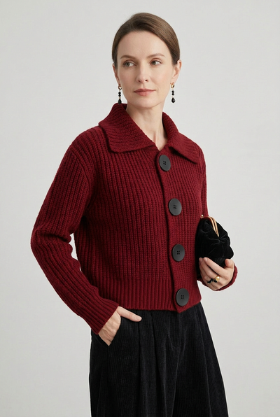 Gilet Femme | Boutonné Court Col Pointu Maille Côtelée - 5