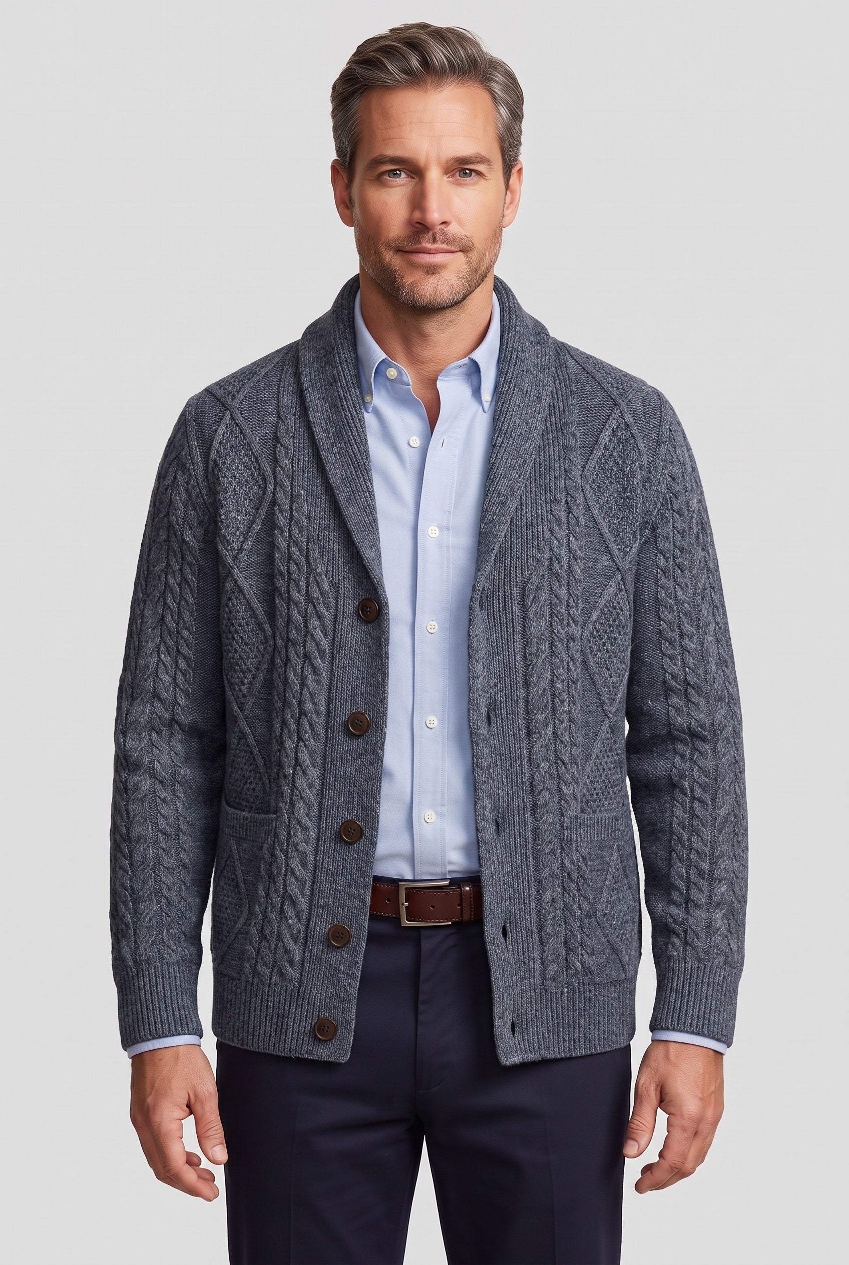 Gilet Homme | Boutonné Col Châle Maille Torsadée - 6