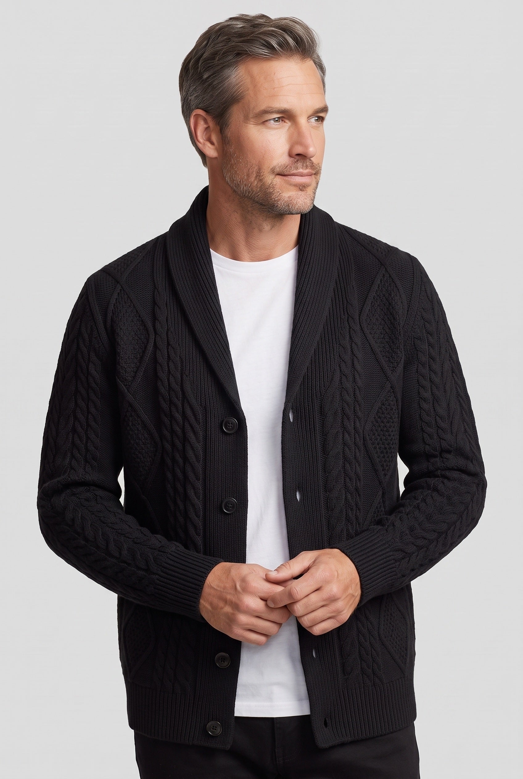 Gilet Homme | Boutonné Col Châle Maille Torsadée - 7