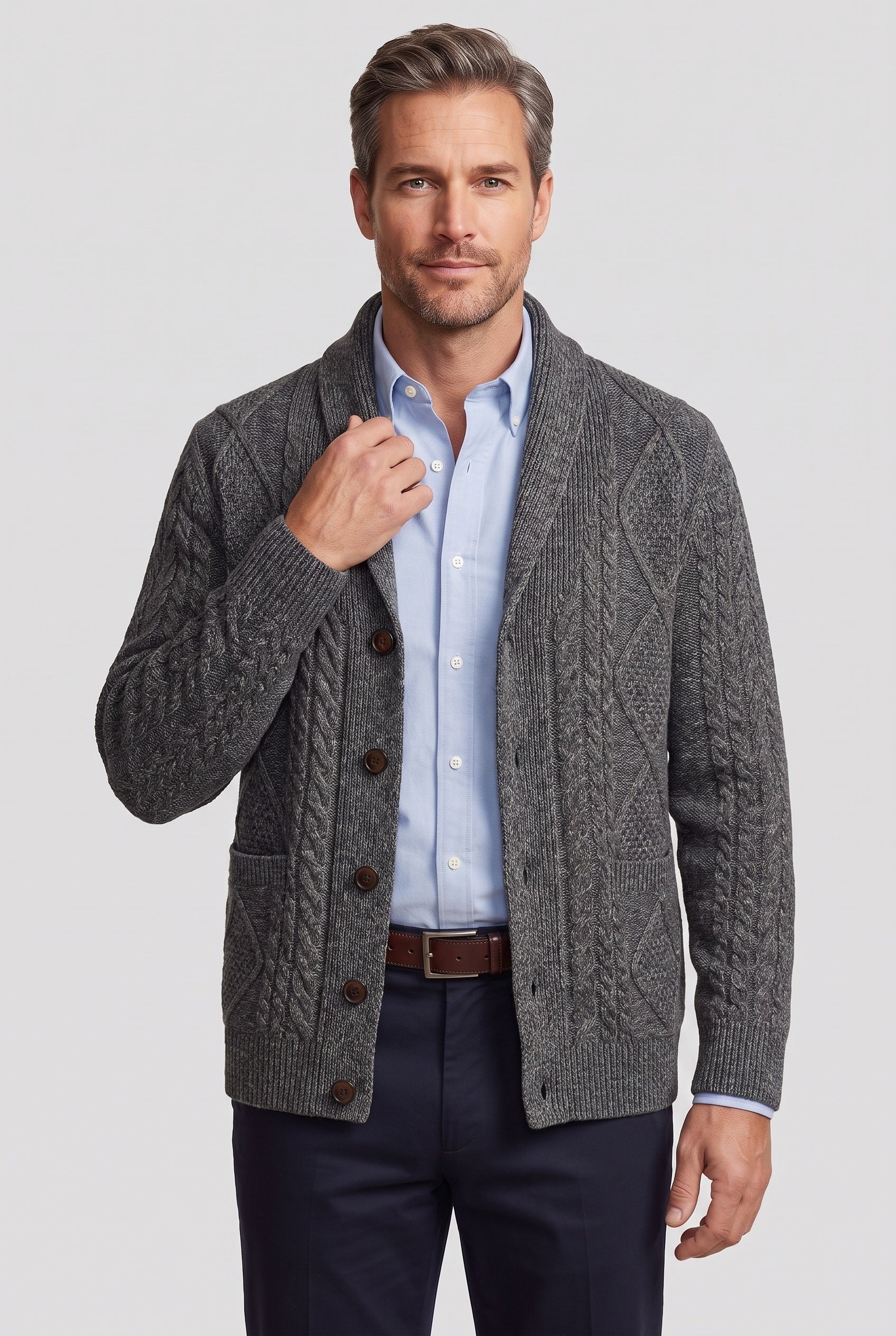 Gilet Homme | Boutonné Col Châle Maille Torsadée - 8