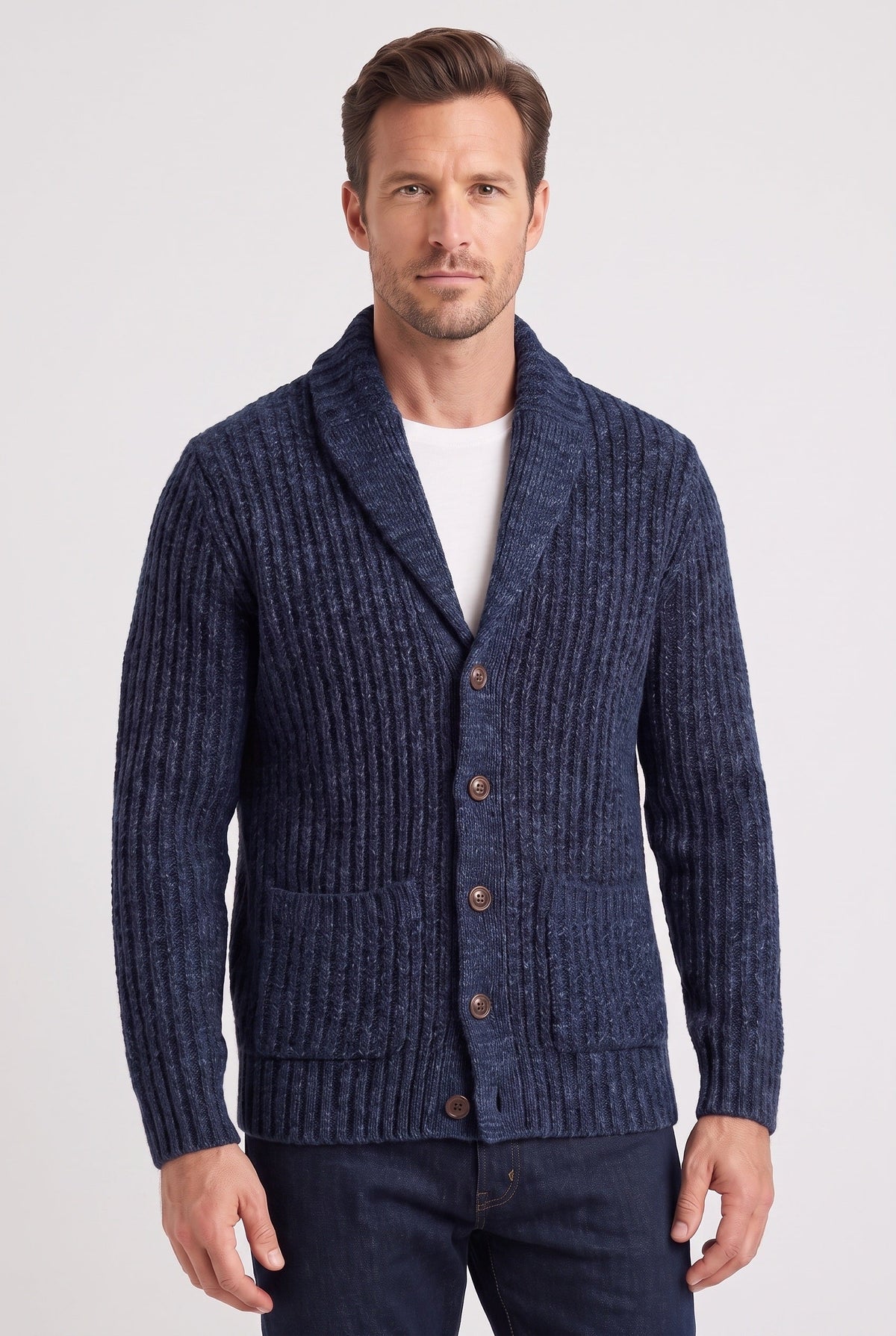 Gilet Homme | Boutonné Grosse Maille Col Châle Chiné - 7