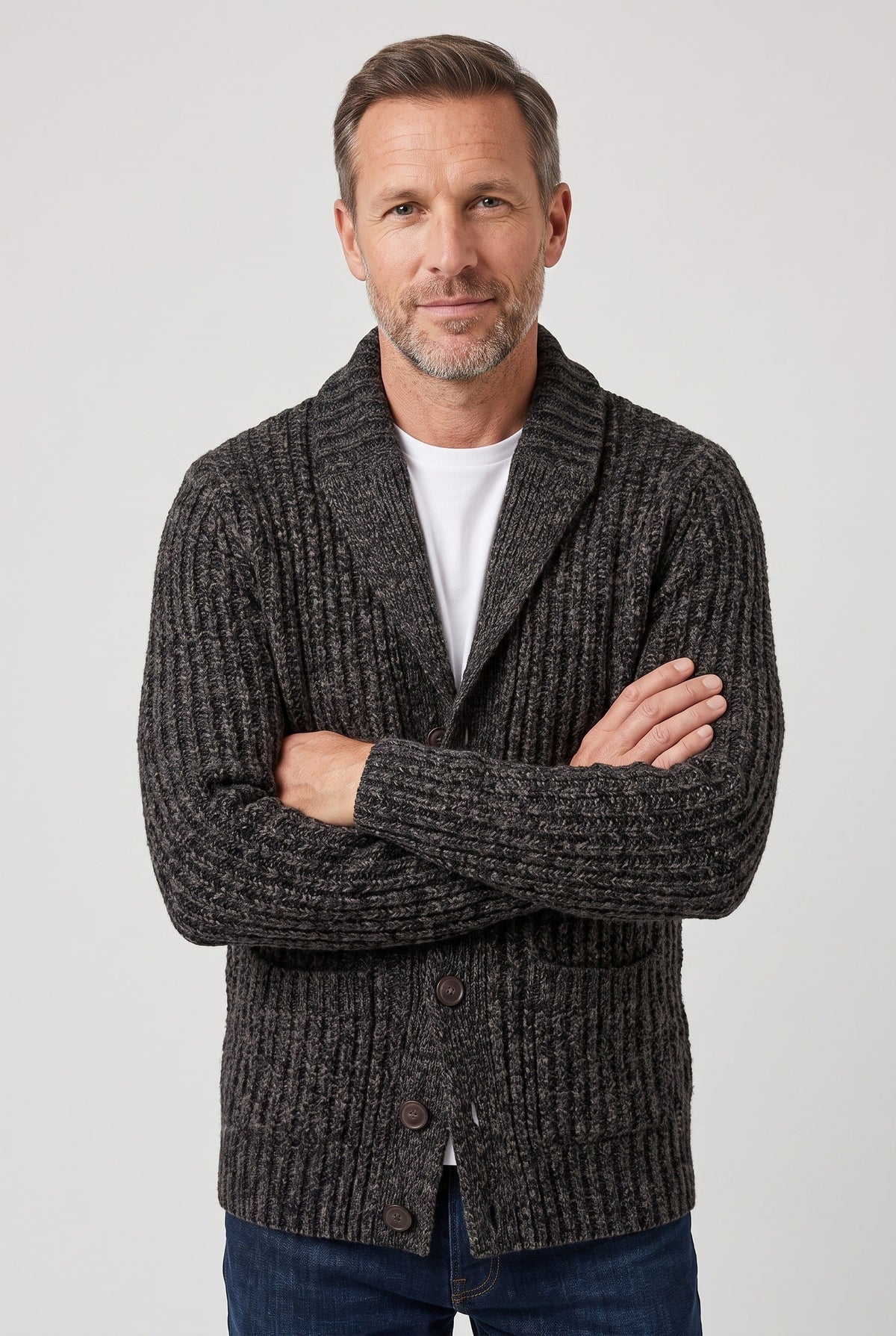 Gilet Homme | Boutonné Grosse Maille Col Châle Chiné - 8