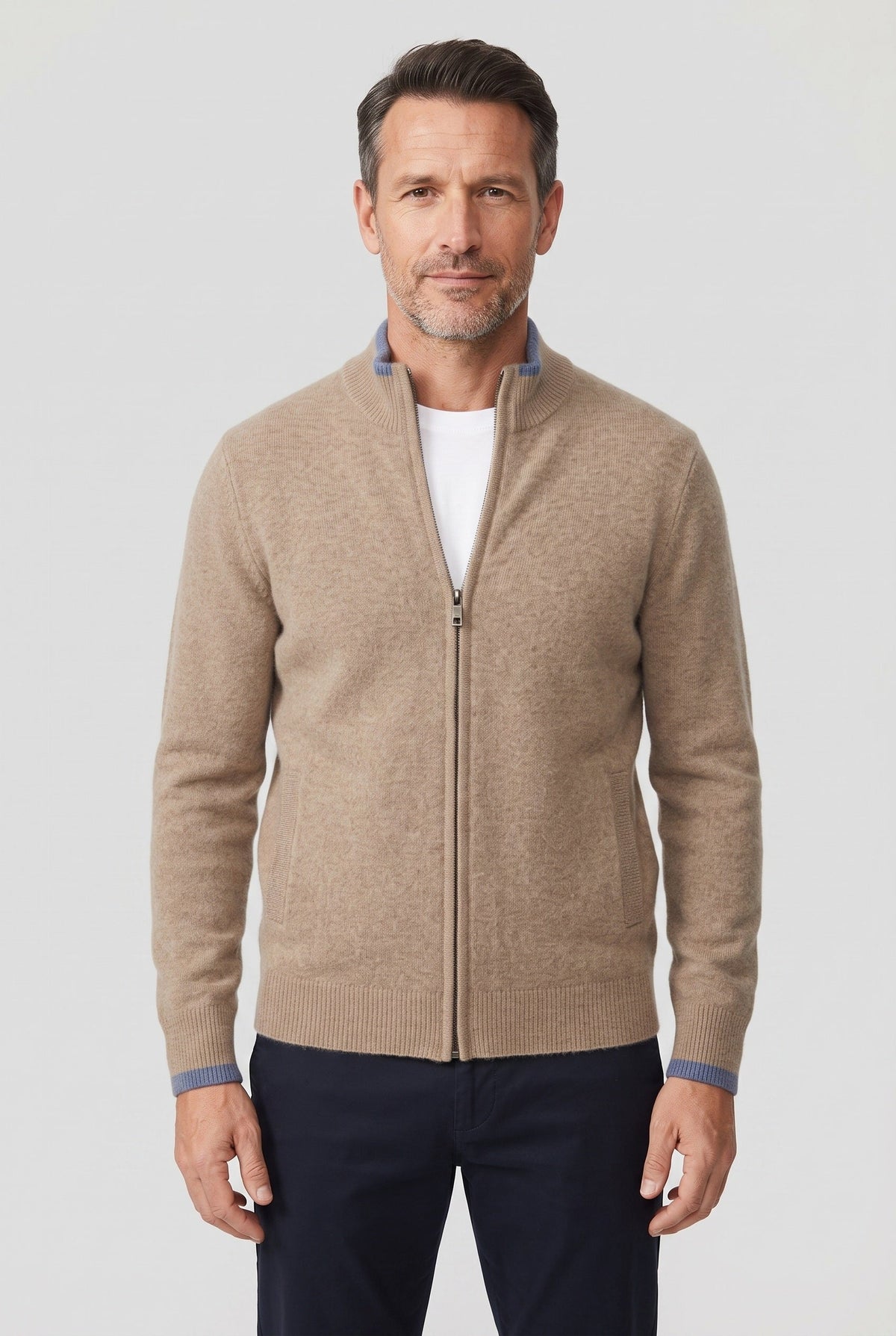 Gilet Homme | Zippé Maille Fine Bordures Contrastées - 1