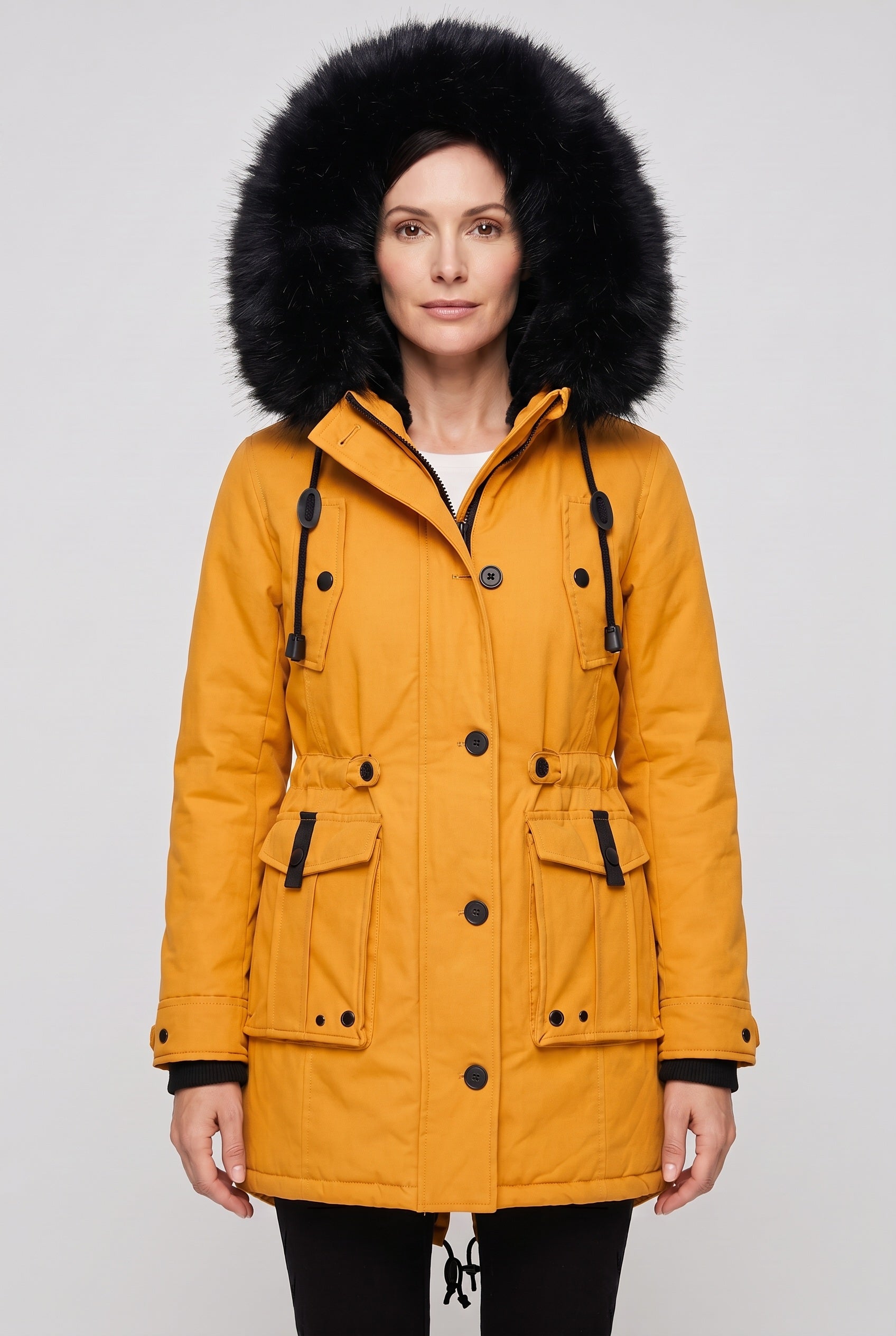 Manteau Femme | Boutonné Capuche Fausse Fourrure Taille à Cordon - 1