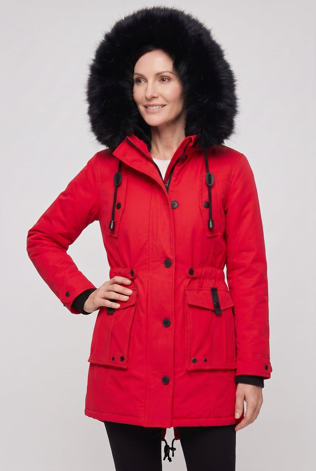 Manteau Femme | Boutonné Capuche Fausse Fourrure Taille à Cordon - 7