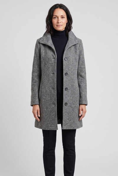 Manteau Femme | Boutonné Coupe Mi-Longue Col Montant - 1