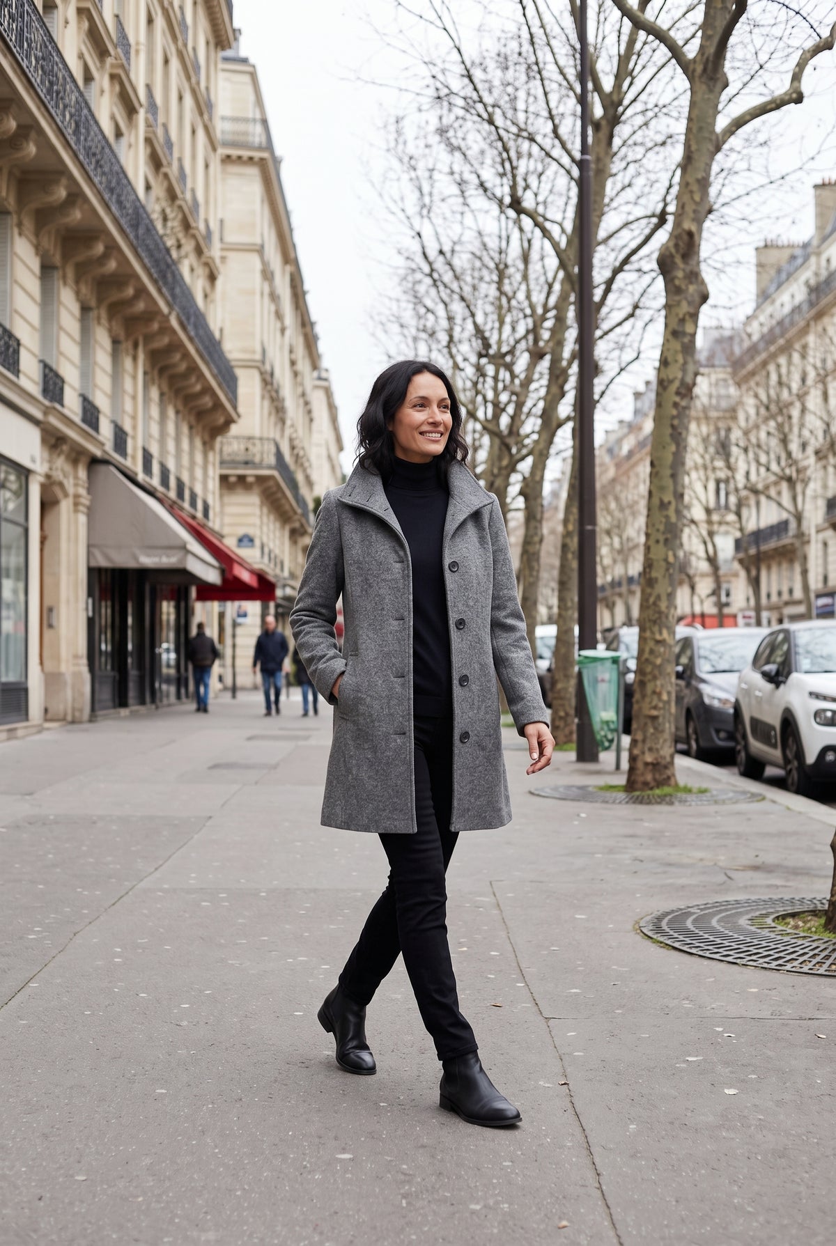 Manteau Femme | Boutonné Coupe Mi-Longue Col Montant - Gris foncé