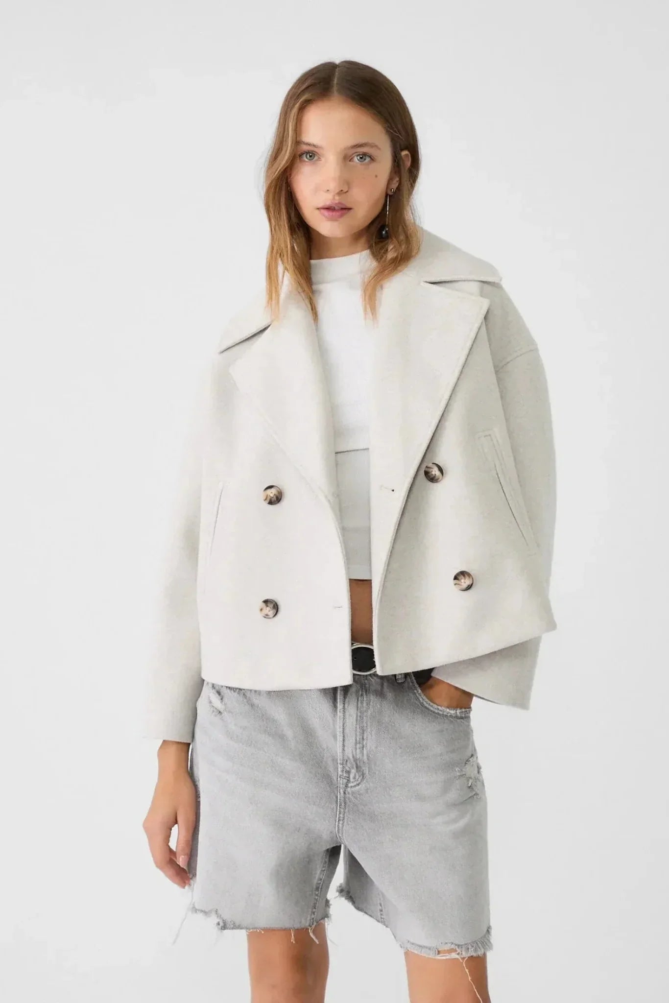 Manteau Femme | Caban Double Boutonnage Coupe Courte Col Cranté - 1