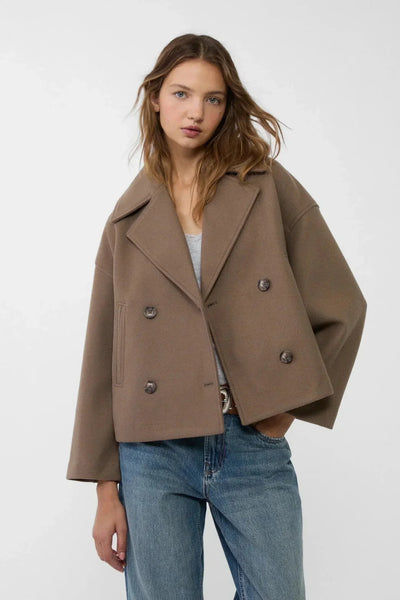 Manteau Femme | Caban Double Boutonnage Coupe Courte Col Cranté - 14