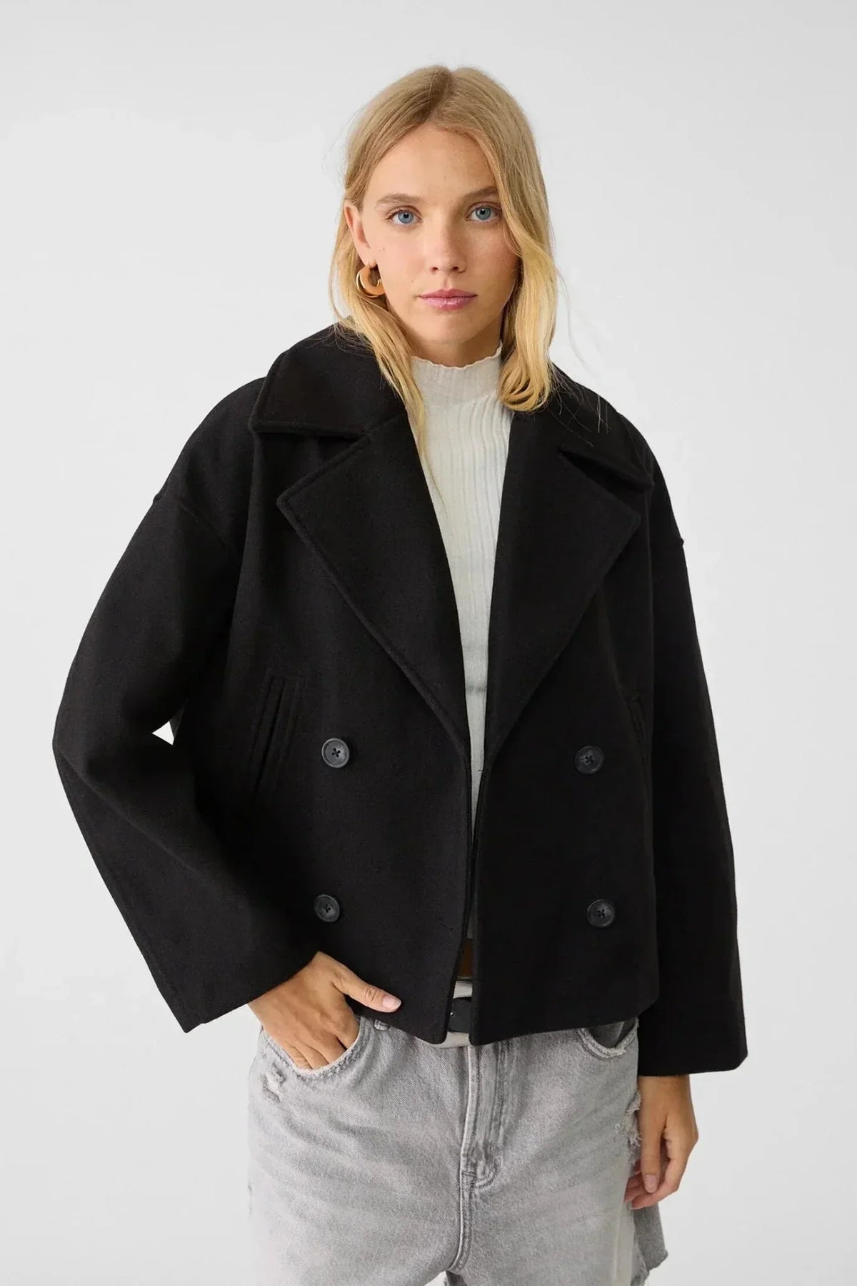 Manteau Femme | Caban Double Boutonnage Coupe Courte Col Cranté - 5