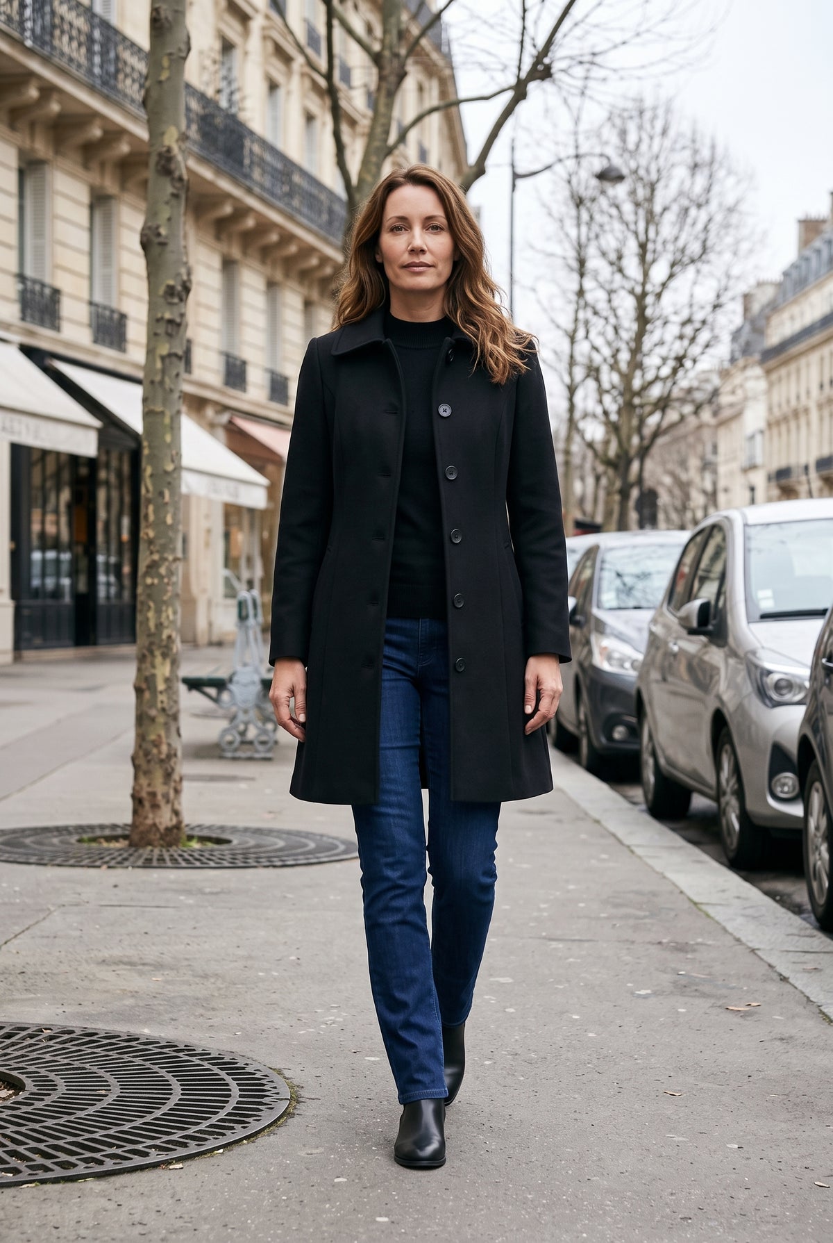 Manteau Femme | Simple Boutonnage Taille Cintrée Col Pointu - Noir