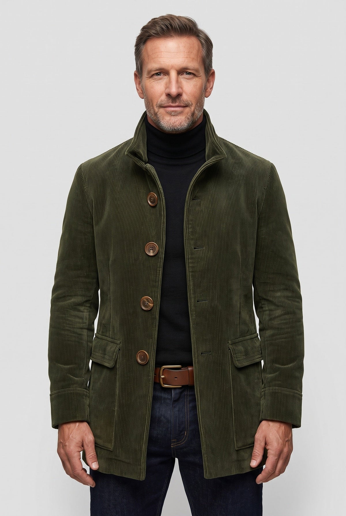 Manteau Homme | Boutonné Col Montant Velours Côtelé - 1