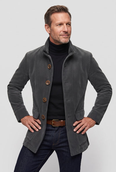 Manteau Homme | Boutonné Col Montant Velours Côtelé - 5