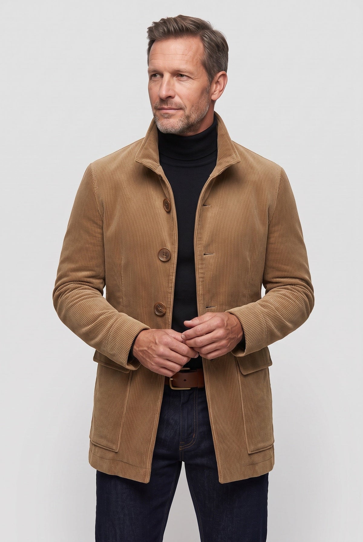 Manteau Homme | Boutonné Col Montant Velours Côtelé - 6
