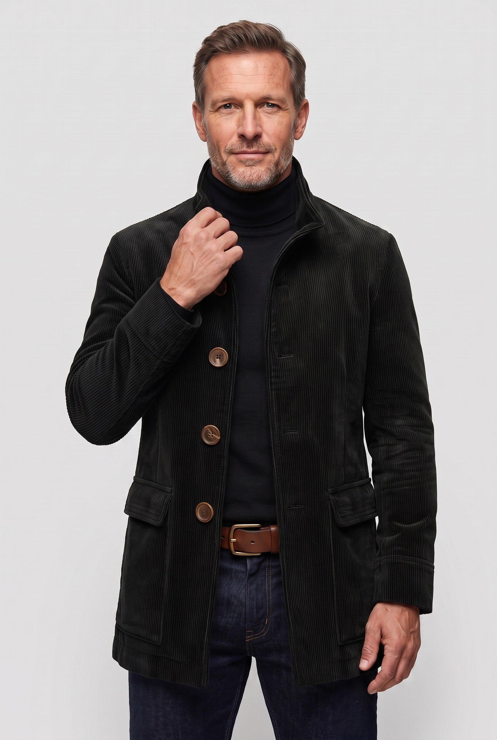 Manteau Homme | Boutonné Col Montant Velours Côtelé - 7