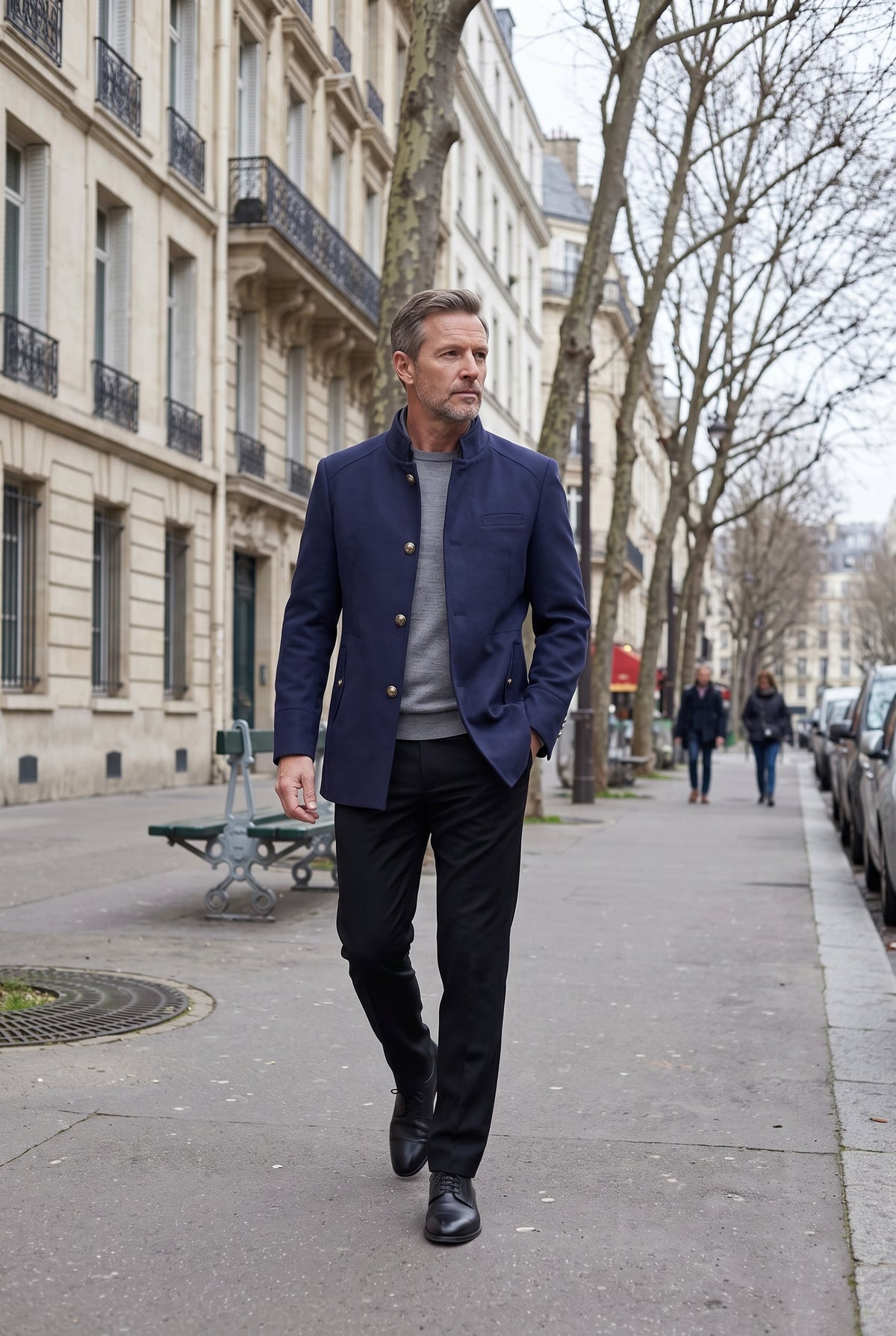 Manteau Homme | Boutonné Col Officier Poches Passepoilées - 8