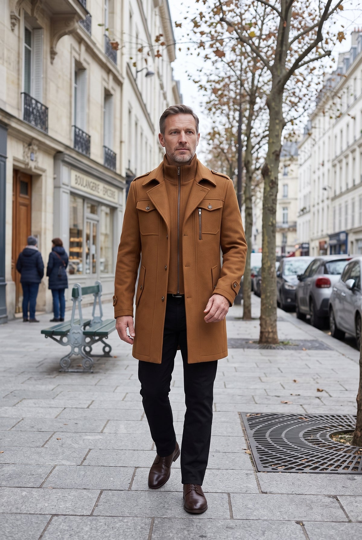 Manteau Homme | Zip Intégral Col Montant Épaulettes Martingale - Marron cognac