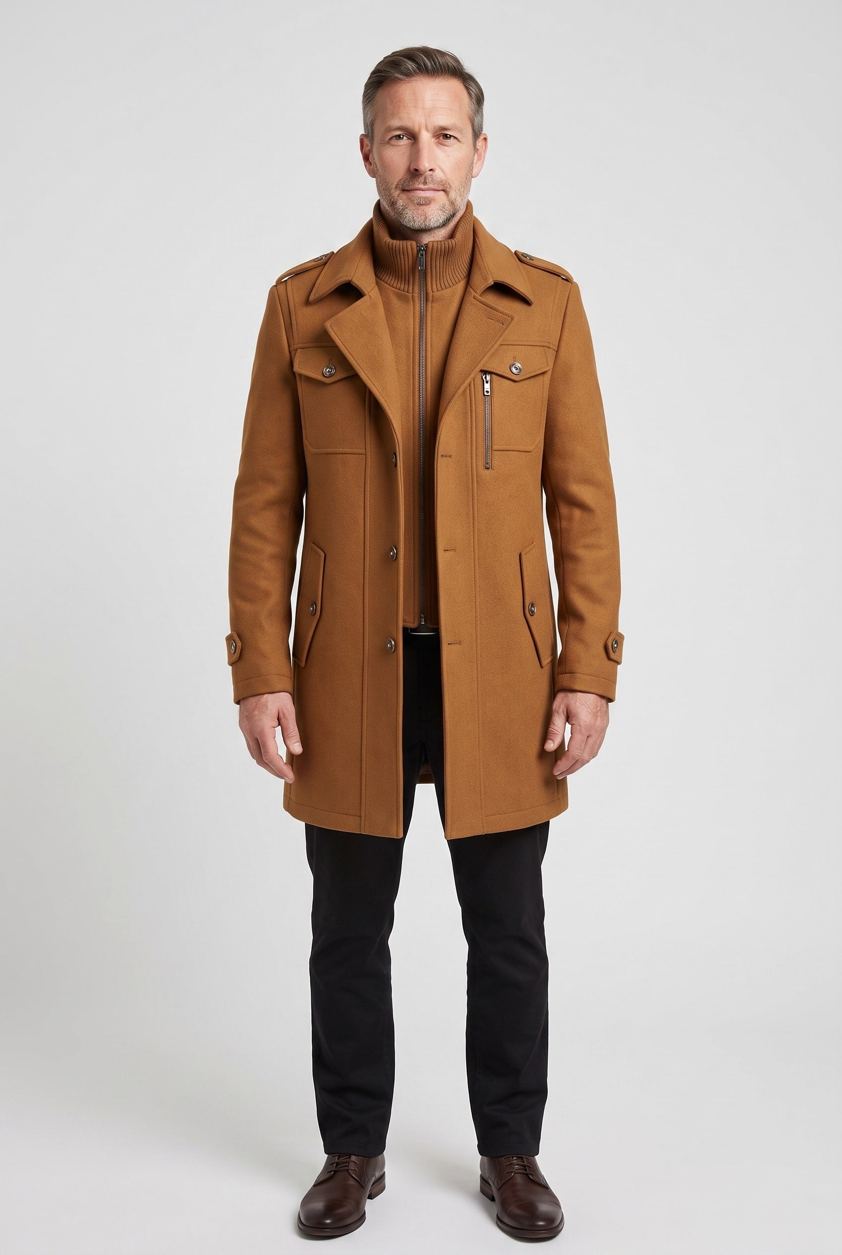 Manteau Homme | Zip Intégral Col Montant Épaulettes Martingale - 1