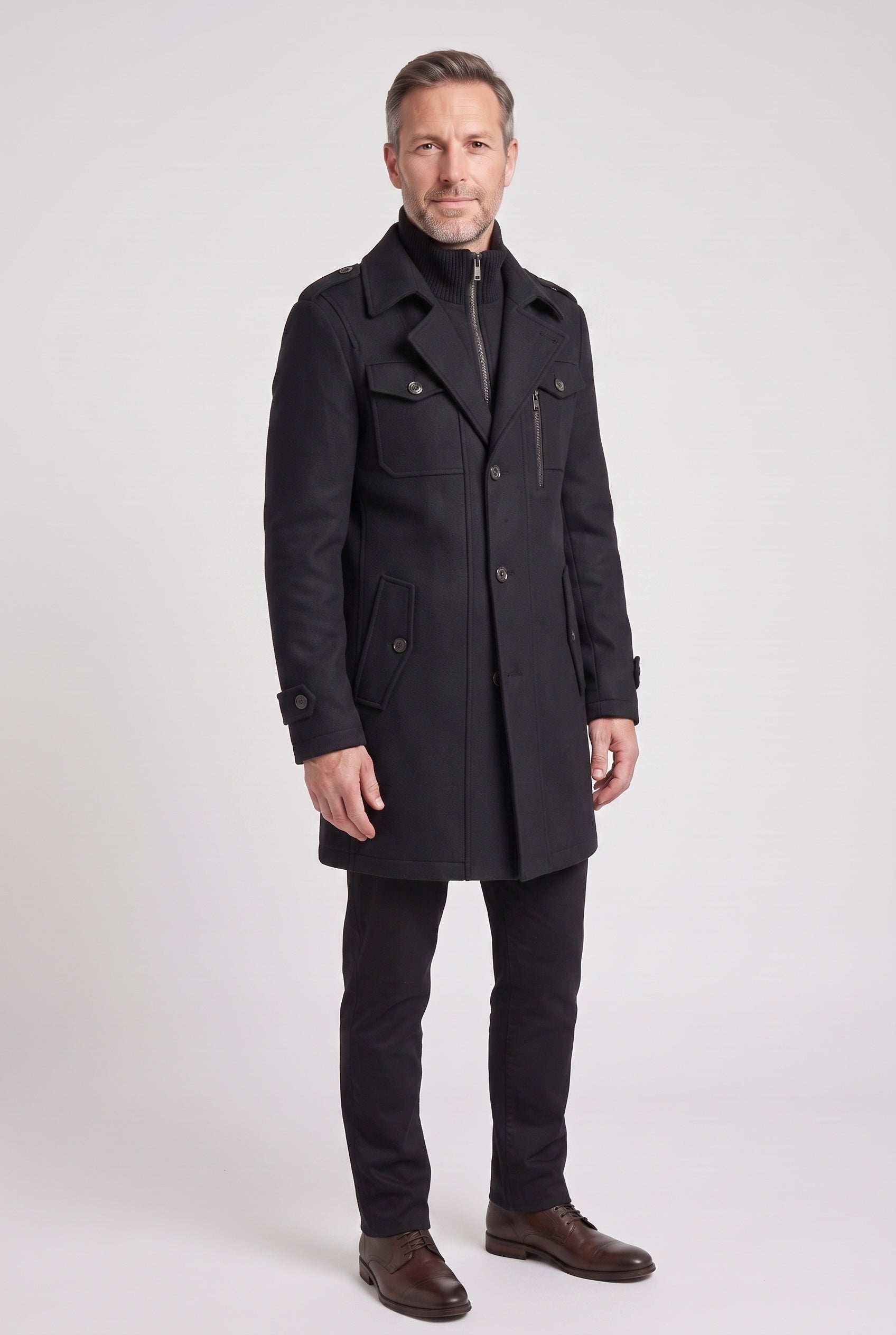 Manteau Homme | Zip Intégral Col Montant Épaulettes Martingale - 9