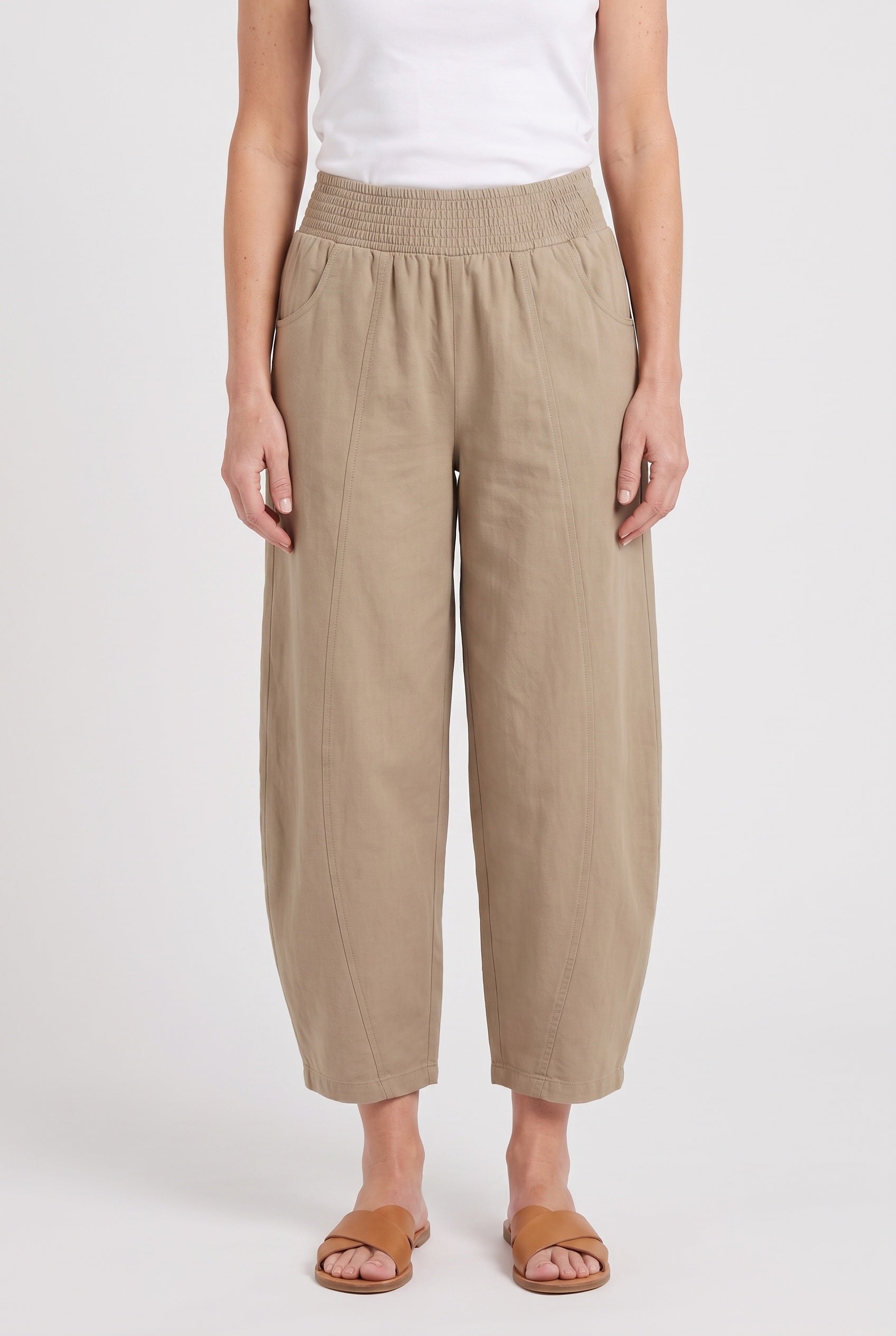 Pantalon Femme | Coupe Large Taille Élastique Froncée Bas Raccourci - 1