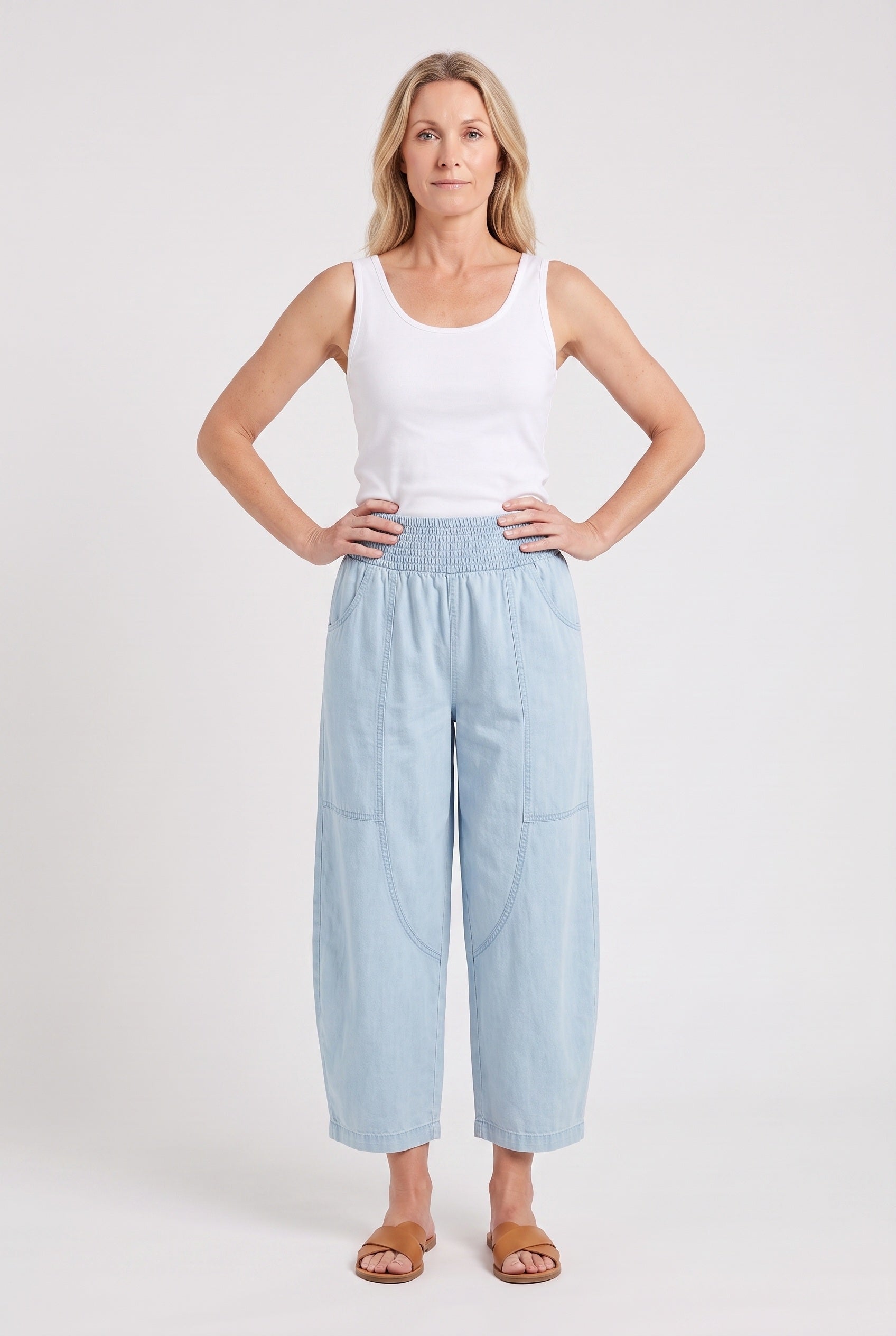 Pantalon Femme | Coupe Large Taille Élastique Froncée Bas Raccourci - 5
