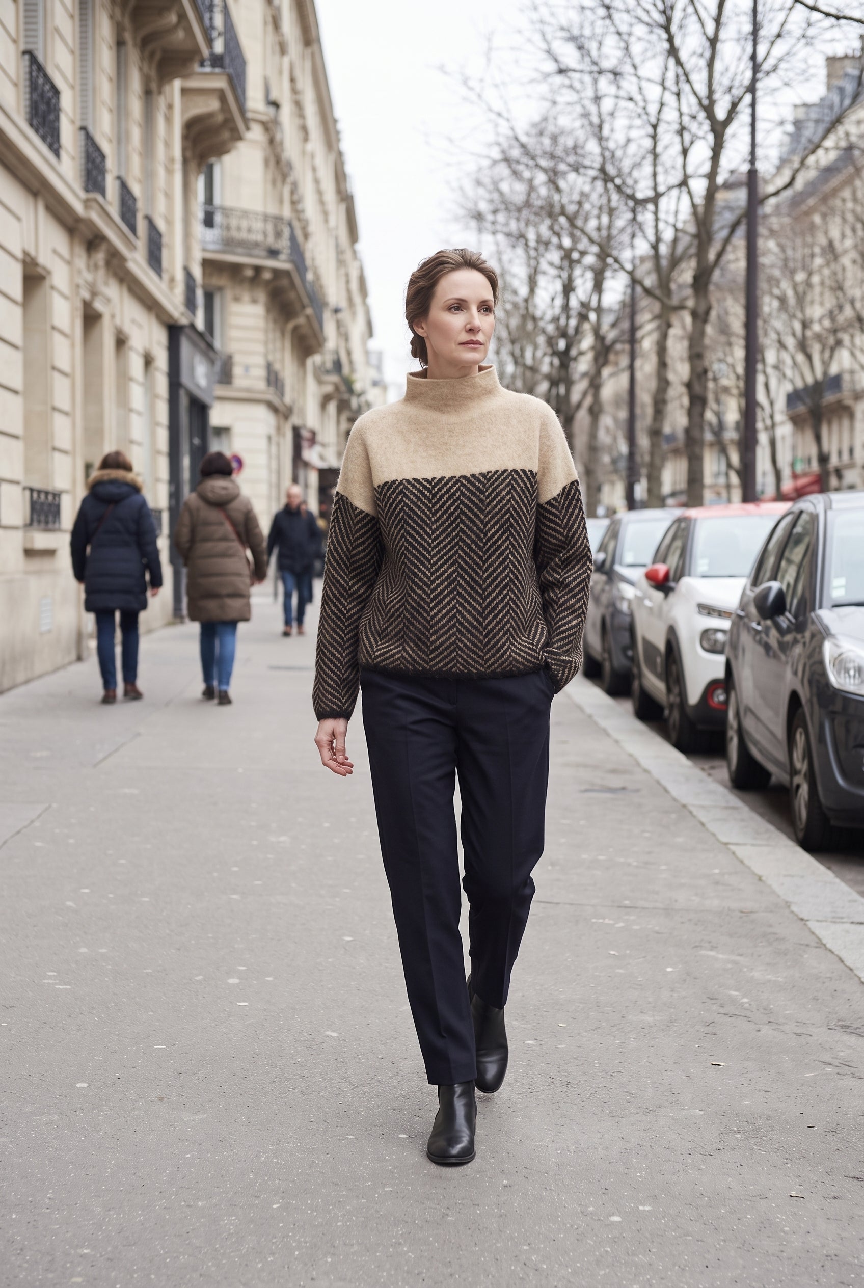 Pull Femme | Col Cheminée Motif Chevrons Empiècement Contrasté - Kaki