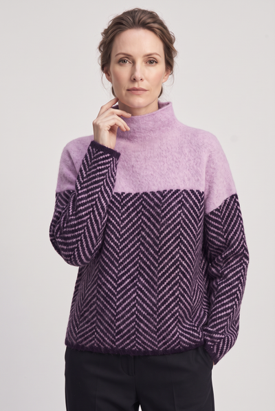 Pull Femme | Col Cheminée Motif Chevrons Empiècement Contrasté - 5