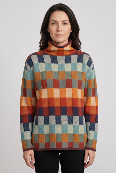 Pull Femme | Col Roulé Carreaux Multicolores Épaules Tombantes - 1